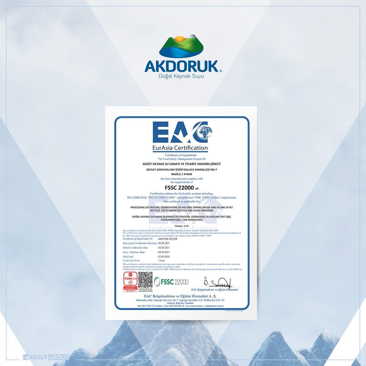 FSSC 22000 Gıda Güvenliği sertifikamızı aldık